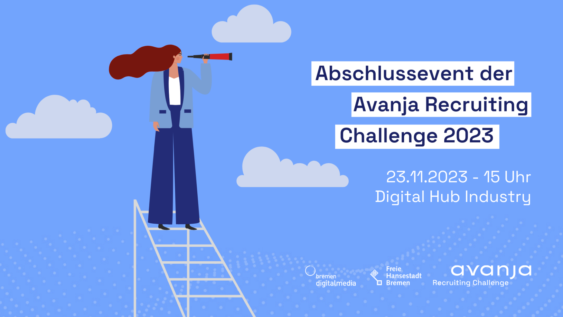 Illustration einer Frau die auf einer Leiter steht und mit einem Fernglas in die Ferne schaut. Auf der rechten Seite steht: Abschlussevent der Avanja Recruiting Challenge 2023.