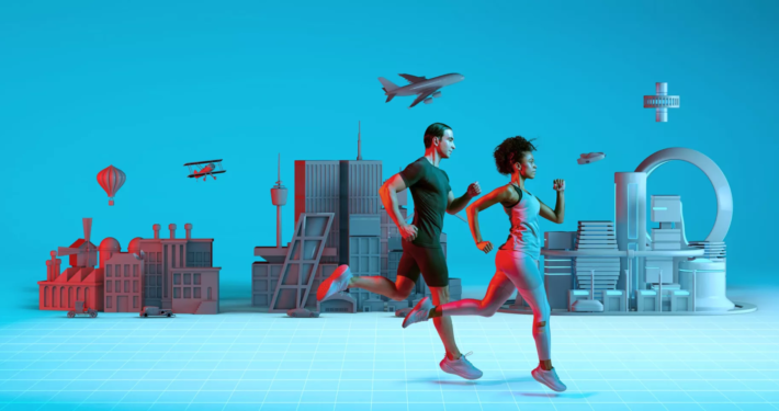 Illustration zweier Menschen die vor einem techischen Hintergrund aus Gebäuden, Flugzeugen und weiteren städtischen Elementen joggen. Die Optik der Elemente wird in Laufrichtung immer futuristischer.