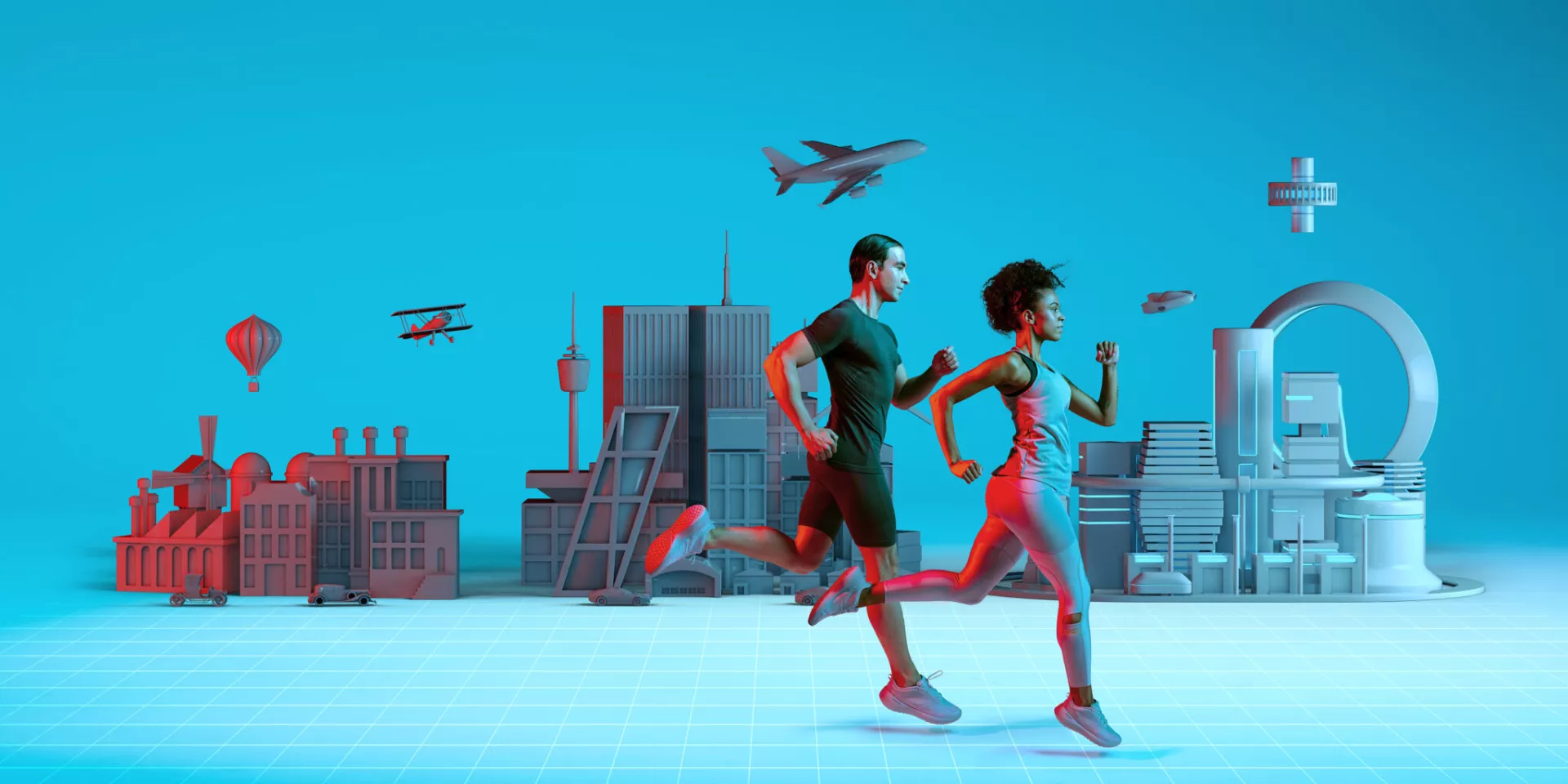 Illustration zweier Menschen die vor einem techischen Hintergrund aus Gebäuden, Flugzeugen und weiteren städtischen Elementen joggen. Die Optik der Elemente wird in Laufrichtung immer futuristischer.