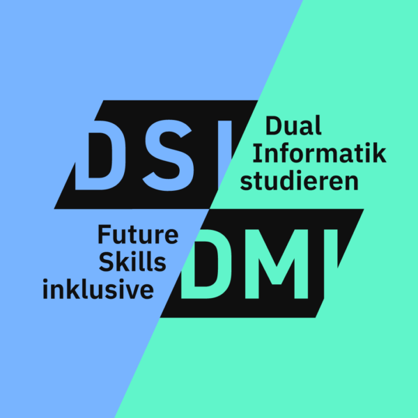 EIne zweifarbige Kachel, links blau, rechts türkis. Darüber steht: DSI, Future Skills Inklusive, und DMI, Dual Informatik studieren.